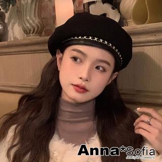 【AnnaSofia】畫家帽貝蕾帽-厚質仿羊毛皮革鍊條 現貨(黑系)