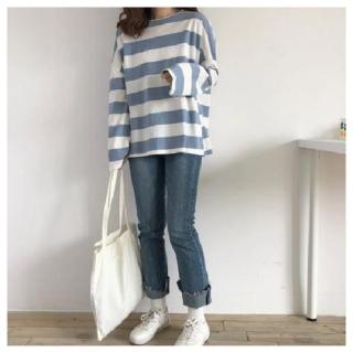 【AKARA】中大服飾 女裝 美式休閒條紋長袖上衣 M-2XL 現+預