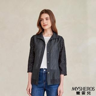 【MYSHEROS 蜜雪兒】雪紡襯衫上衣 翻領排釦 微透膚鏤空蕾絲(黑)