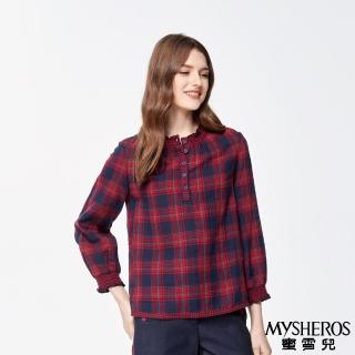 【MYSHEROS 蜜雪兒】純棉上衣 經典格紋 彈性荷葉領 半排釦(紅)