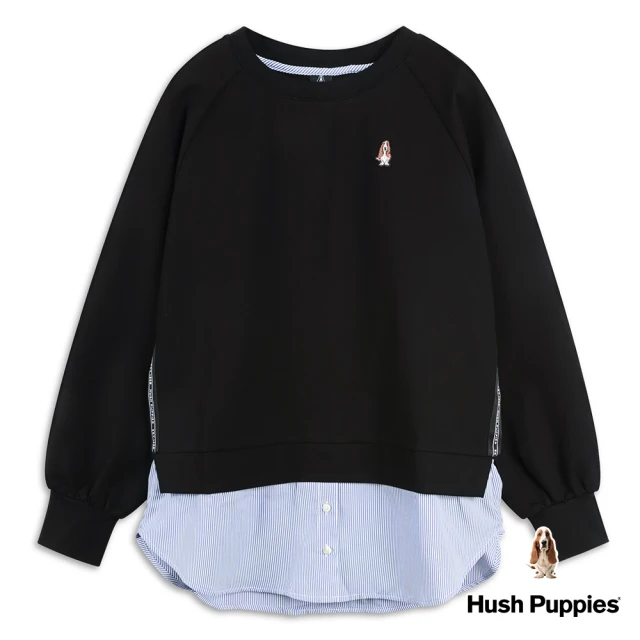 【Hush Puppies】女裝 上衣 下擺條紋拼接拉克蘭寬袖上衣(黑色 / 34210202)