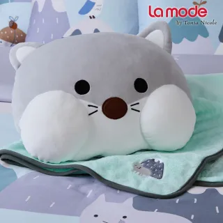 【La mode】活動品-環保印染100%精梳棉兩用被床包組-夢遊雪之森+雪狐圓寶兩用抱枕毯(雙人)