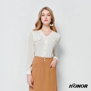 【HONOR 山形屋】排釦V領編織滾邊透膚上衣
