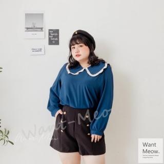 【Want-Meow】90公斤可穿/長袖韓系氣質撞色邊寶寶領襯衫(長袖上衣/大碼/大尺碼/加大碼/孕婦裝)