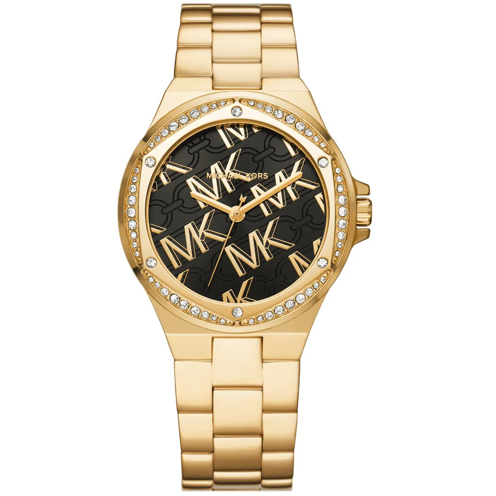 【Michael Kors】經典LOGO 晶鑽奢華 日本機芯 礦石強化玻璃 不鏽鋼手錶 黑x鍍金 37mm(MK7404)