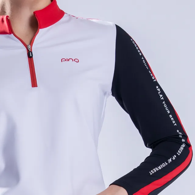 【PING】女款配色剪接立領長袖POLO衫-白(吸濕排汗/蓄熱保溫/GOLF/高爾夫球衫/RA22214-87)
