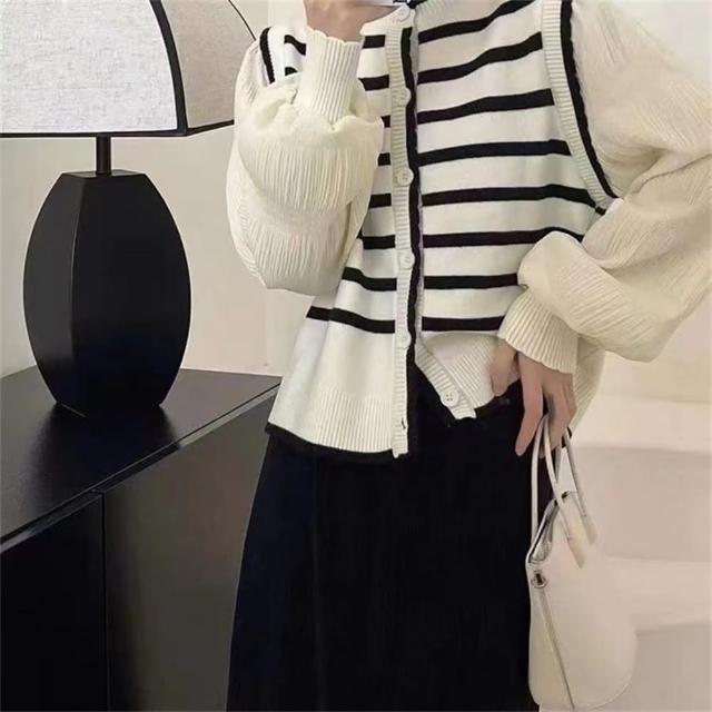 【巴黎精品】現貨+預購 毛衣外套長袖針織衫(假兩件圓領撞色條紋女外套3色a1dh111)