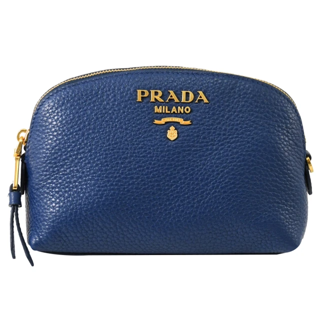 PRADA 普拉達 經典浮雕OGO小牛皮貝殼造型化妝包萬用包(藍)