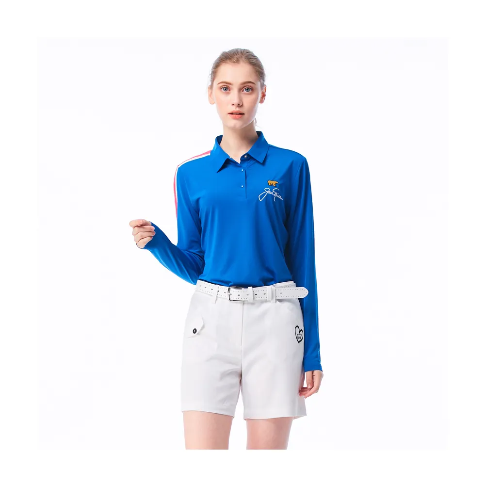 【Jack Nicklaus 金熊】GOLF女款右袖配色吸濕排汗POLO衫/高爾夫球衫(藍色)