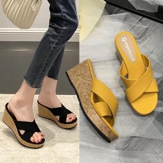 【baibeauty 白鳥麗子】MIT百搭交叉帶木紋防水臺厚底拖鞋(楔型鞋)