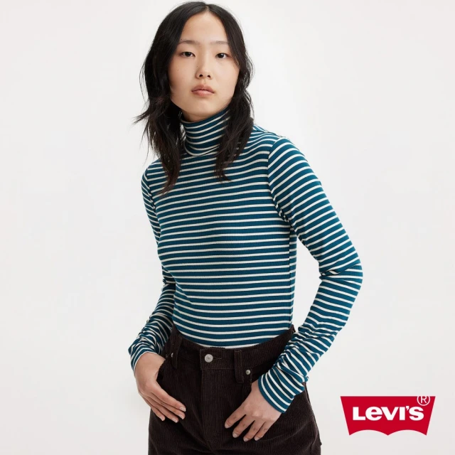 LEVIS 女款 高領長袖條紋T恤 / 彈力修身 / 莫代爾吸濕透氣 / 藍白 人氣新品