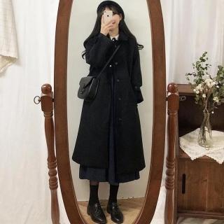 【D.studio】韓版英倫風長版黑色大衣(外套 風衣 百搭外套 上衣 女裝 衣服 長袖上衣 長版外套 J181)