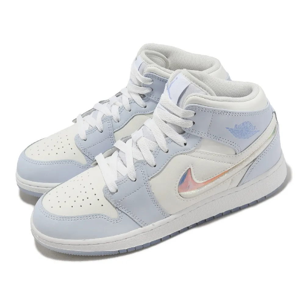 NIKE 耐吉】休閒鞋Air Jordan 1 Mid SE GS 女鞋大童鞋白藍AJ1 喬丹閃亮