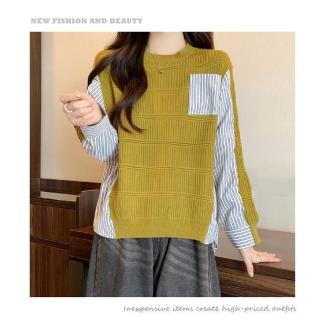 R.neTs 法式設計感針織拼接條紋襯衫袖上衣