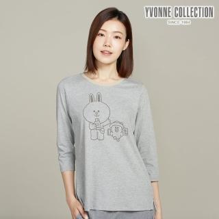 【YVONNE 以旺傢飾】兔兔莎莉網印七分袖上衣-迷霧灰(LINE FRIENDS)