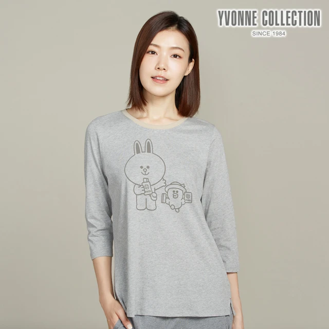 YVONNE 以旺傢飾 兔兔莎莉網印七分袖上衣-迷霧灰(LINE FRIENDS)