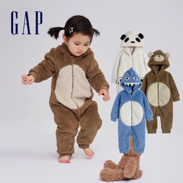 GAP 嬰兒裝 造型連帽長袖包屁衣/連身衣 抱抱絨系列-深棕
