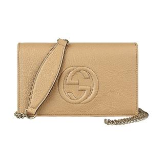 【GUCCI 古馳】GUCCI SOHO雙G LOGO牛皮6卡釦式斜背包(駝)