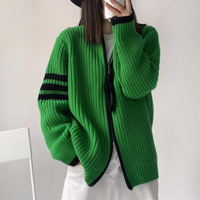 【巴黎精品】現貨+預購 毛衣外套長袖針織衫(立領條紋拼接夾克女外套4色a1dh102)