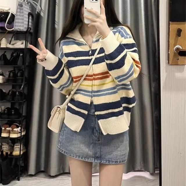 【巴黎精品】現貨+預購 毛衣外套長袖針織衫(彩色條紋翻領夾克女外套a1dh108)
