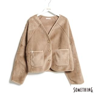 【SOMETHING】女裝 無領熊寶寶毛絨外套(灰褐色)