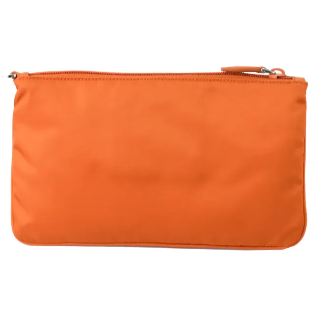 【PRADA 普拉達】經典三角LOGO尼龍大手拿包手提包萬用包(木瓜橘)