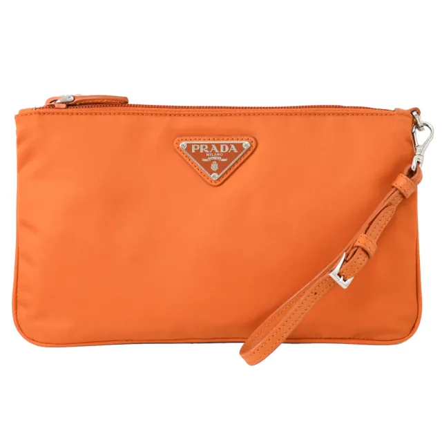 【PRADA 普拉達】經典三角LOGO尼龍大手拿包手提包萬用包(木瓜橘)