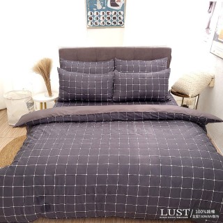 【LUST】臺灣製 100%精梳純棉、單人3.5尺床包/枕套組 《不含被套》、軍艦黑格(40支233織)