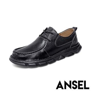 【ANSEL】真皮休閒鞋 牛皮休閒鞋/真皮頭層牛皮經典繫帶商務休閒鞋-男鞋(黑)
