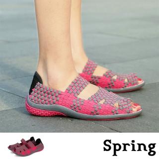 【SPRING】魚口涼鞋 露趾涼鞋/撞色彈力飛織帶縷空舒適魚口露趾涼鞋(玫紅)