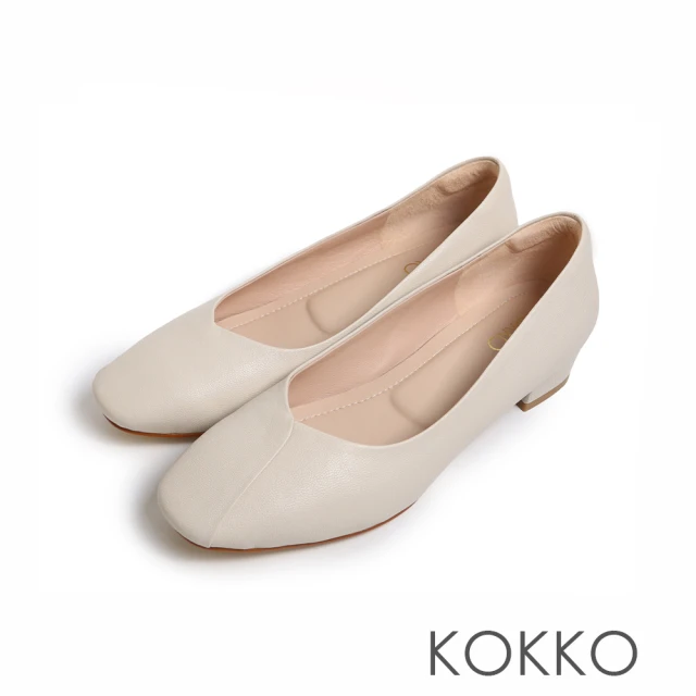 【KOKKO 集團】超柔軟羊皮小方頭低跟包鞋(米白色)