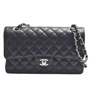 【CHANEL 香奈兒】經典COCO菱格粒紋牛皮轉釦銀鍊轉釦肩背包(25cm黑色A01112C-BLK-SS)