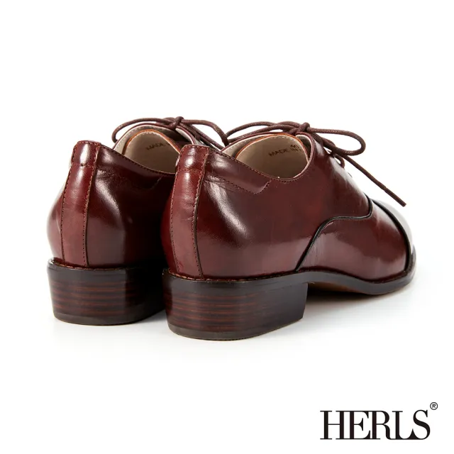 【HERLS】牛津鞋-光澤全真皮配色滾邊橢圓頭低跟牛津鞋(酒紅色)