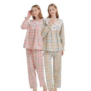 【蕾妮塔塔】荷葉領格紋 針織長袖兩件式睡衣(R27215兩色可選)
