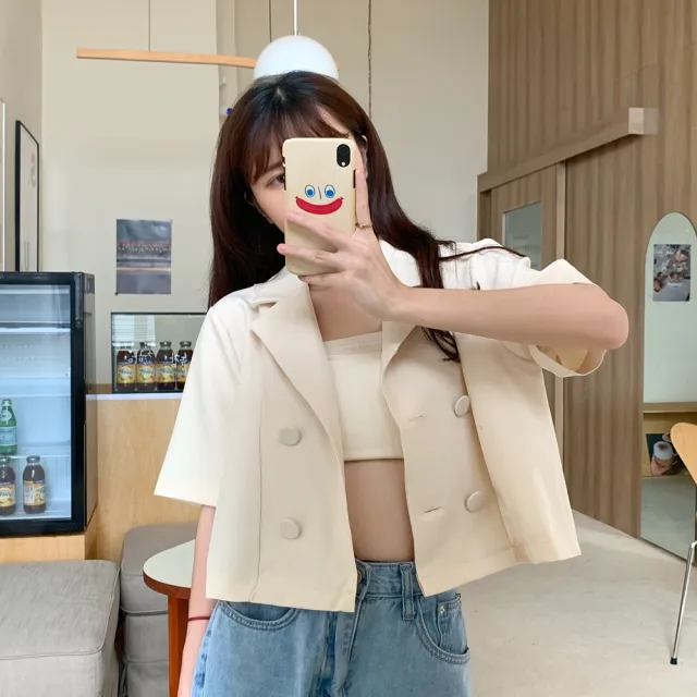 【D.studio】韓版薄款小個子短袖西裝外套(送平口背心短版外套上衣女裝衣服外套薄外套罩衫防曬外套 J168)