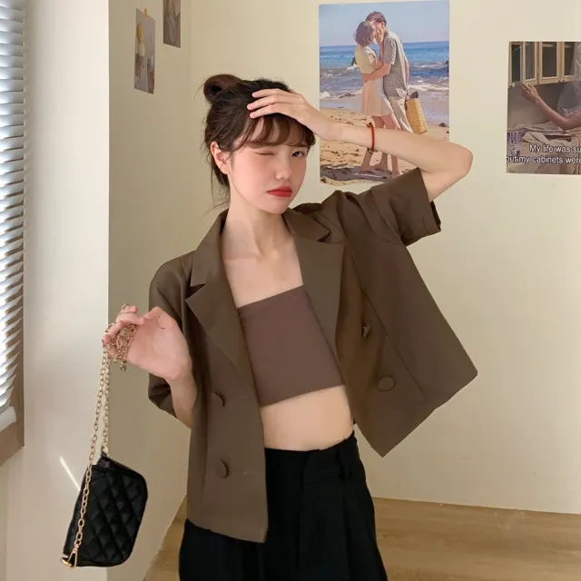 【D.studio】韓版薄款小個子短袖西裝外套(送平口背心短版外套上衣女裝衣服外套薄外套罩衫防曬外套 J168)