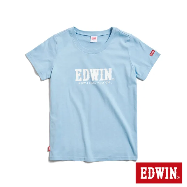 【EDWIN】女裝 小火車復古LOGO短袖T恤(淺藍色)