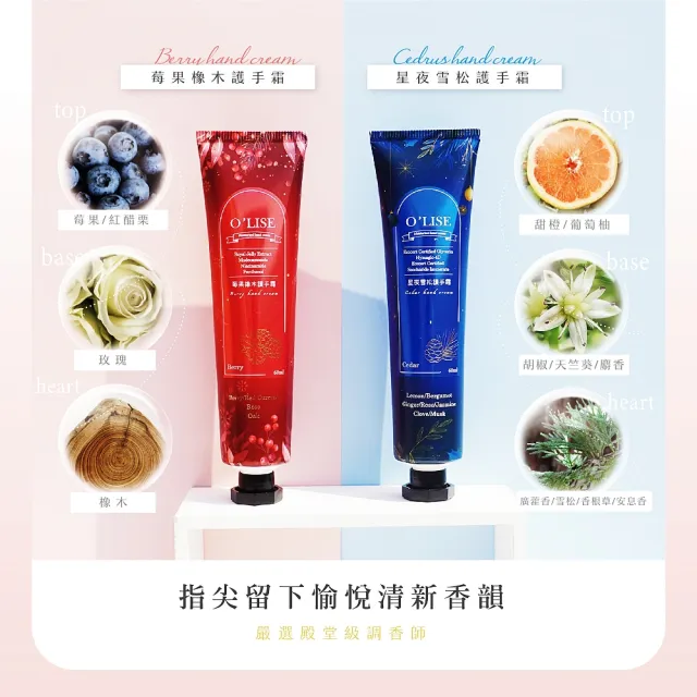 【O`Lise 歐黎絲】頂級香氛護手霜60ml/聖誕限定版(星夜雪松 莓果橡木 水凝霜質地 不黏手)