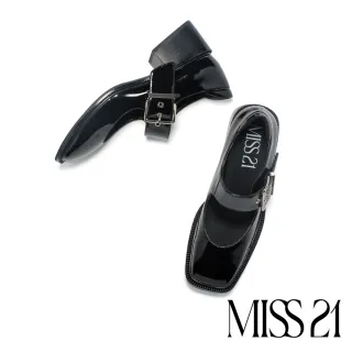 【MISS 21】叛逆未來少女純色寬繫帶大方頭瑪莉珍高跟鞋(黑)