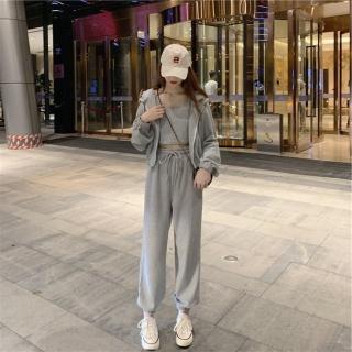 【D.studio】韓版氣質女神範休閒運動三件套裝(外套+背心+長褲運動褲褲子上衣衣服女裝短版背心 S128)