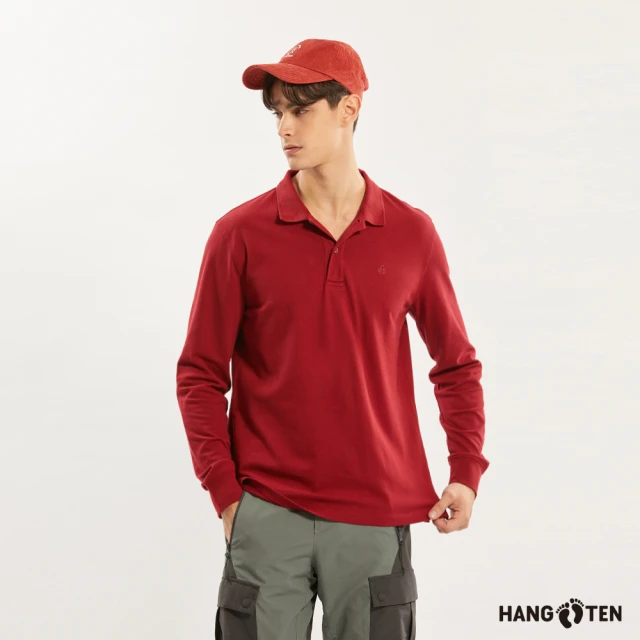 Hang Ten 男裝-經典素色長袖POLO衫(深紅)