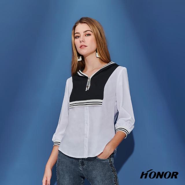 【HONOR 山形屋】黑白拼接假兩件開襟連帽襯衫(MOMO獨家限定)