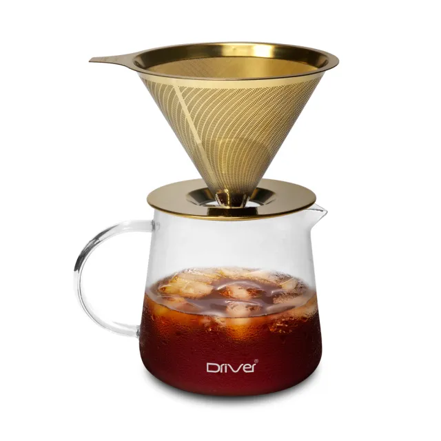 【Driver】鈦黃金流速 MOKA 禮盒組 2-4cup(耐熱玻璃壺 咖啡濾杯 不鏽鋼濾杯)