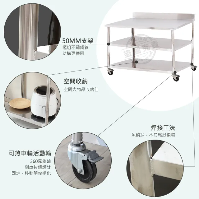 【Abis】客製商品-豪華升級版加牆款三層304不鏽鋼桌-附煞車輪/料理桌/工作桌/工作台/流理台(125X56CM)