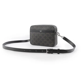【CELINE】TRIOMPHE 塗層帆布及小牛皮拉鍊郵差包(黑色)