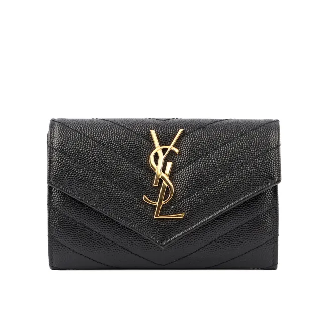 【YSL】山形紋荔枝皮金字logo小卡/短夾(黑色)