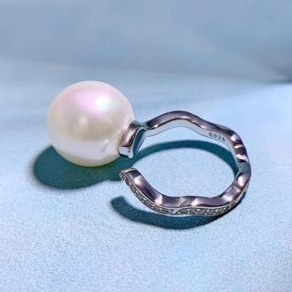 【米蘭精品】現貨+預購 珍珠戒指925純銀開口戒(14mm貝珠鑲鑽幾何女飾品聖誕節交換禮物74gh17)