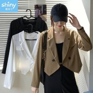 【Shiny 藍格子】純色顯瘦假口袋短款長袖西裝外套 V3317 現+預(女裝 風衣 罩衫)