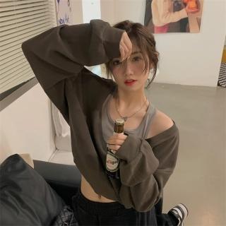 【D.studio】韓版復古V領假兩件露肩長袖上衣(女裝 衣服 寬鬆上衣 顯瘦上衣 長袖t恤 冬裝 W343)