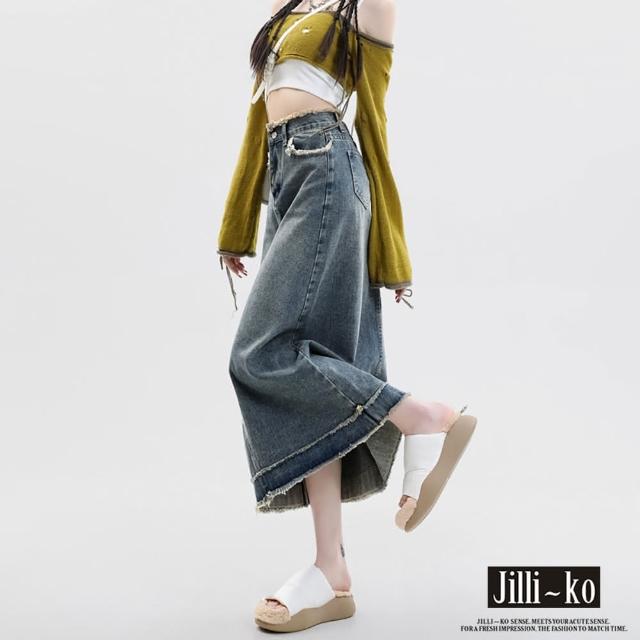 【JILLI-KO】腰毛邊設計復古牛仔包臀裙-M/L/XL(藍)